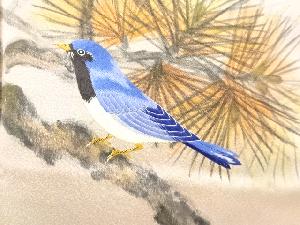 アンティーク　手描き松に小鳥模様刺繍一つ紋着物